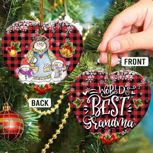 Family Snowman World Best Grandma With Two Grandkids Heart Ceramic Ornament - Christmas Ornament - Christmas Gift
