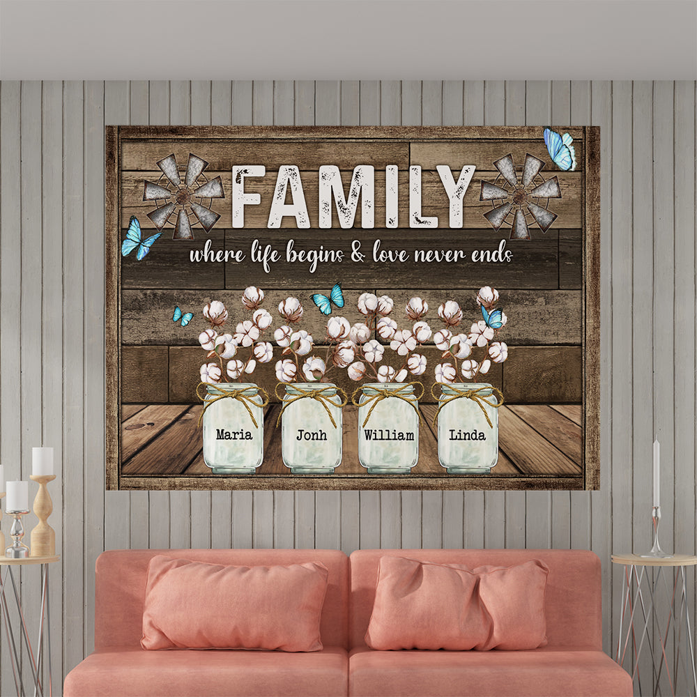Family Where Life Begins And Love Never Ends Canvas Wall Art - Personalized Family Gifts