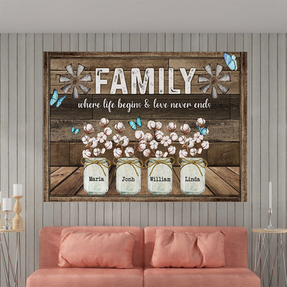 Family Where Life Begins And Love Never Ends Canvas Wall Art - Personalized Family Gifts
