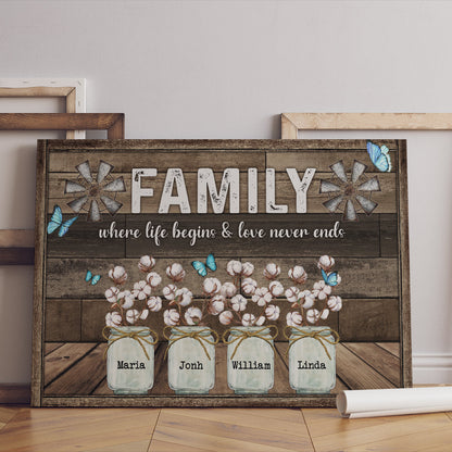 Family Where Life Begins And Love Never Ends Canvas Wall Art - Personalized Family Gifts