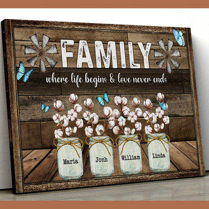 Family Where Life Begins And Love Never Ends Canvas Wall Art - Personalized Family Gifts