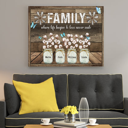 Family Where Life Begins And Love Never Ends Canvas Wall Art - Personalized Family Gifts