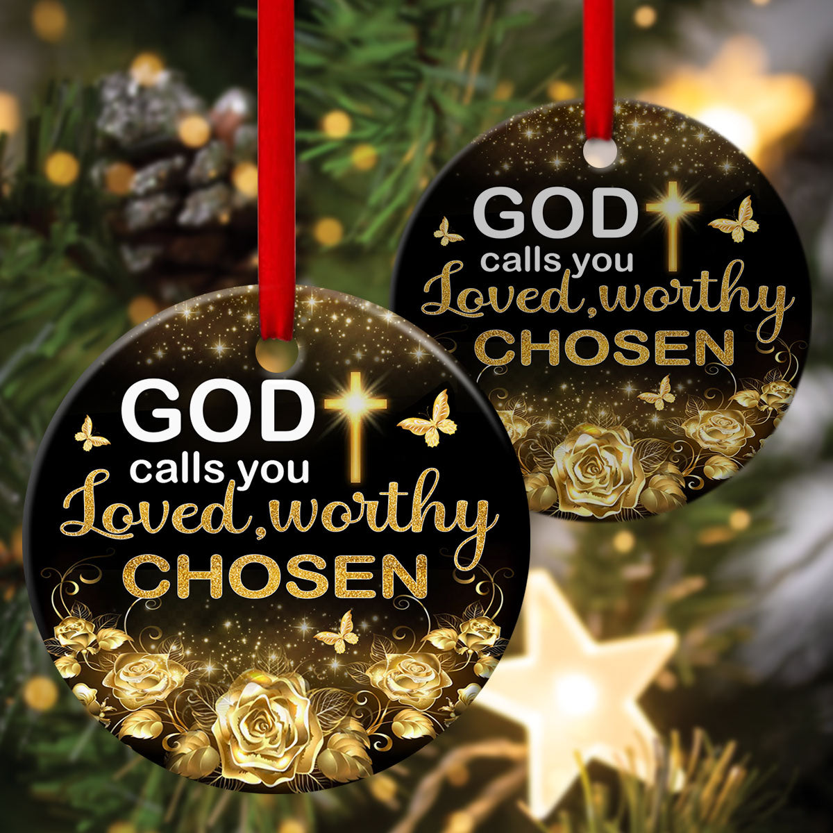 Fancy Roses Ceramic Circle Ornament - God Calls You Loved - Christian Hanging Gift