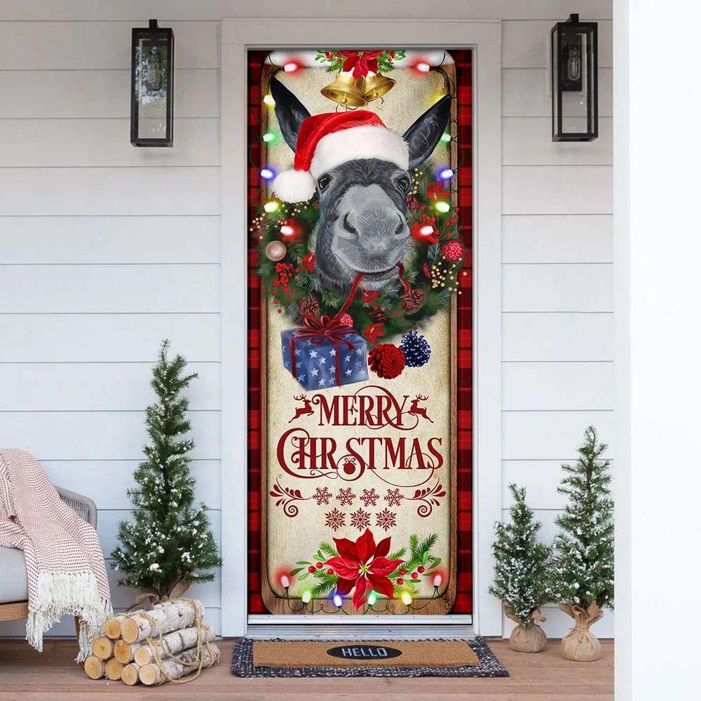 Farm Cattle Donkey Merry Christmas Door Cover - Gift For Famer - Christmas Outdoor Decoration