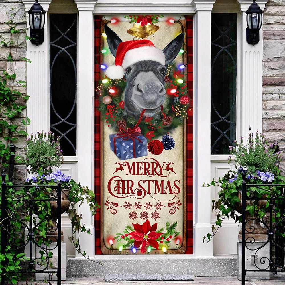 Farm Cattle Donkey Merry Christmas Door Cover - Gift For Famer - Christmas Outdoor Decoration