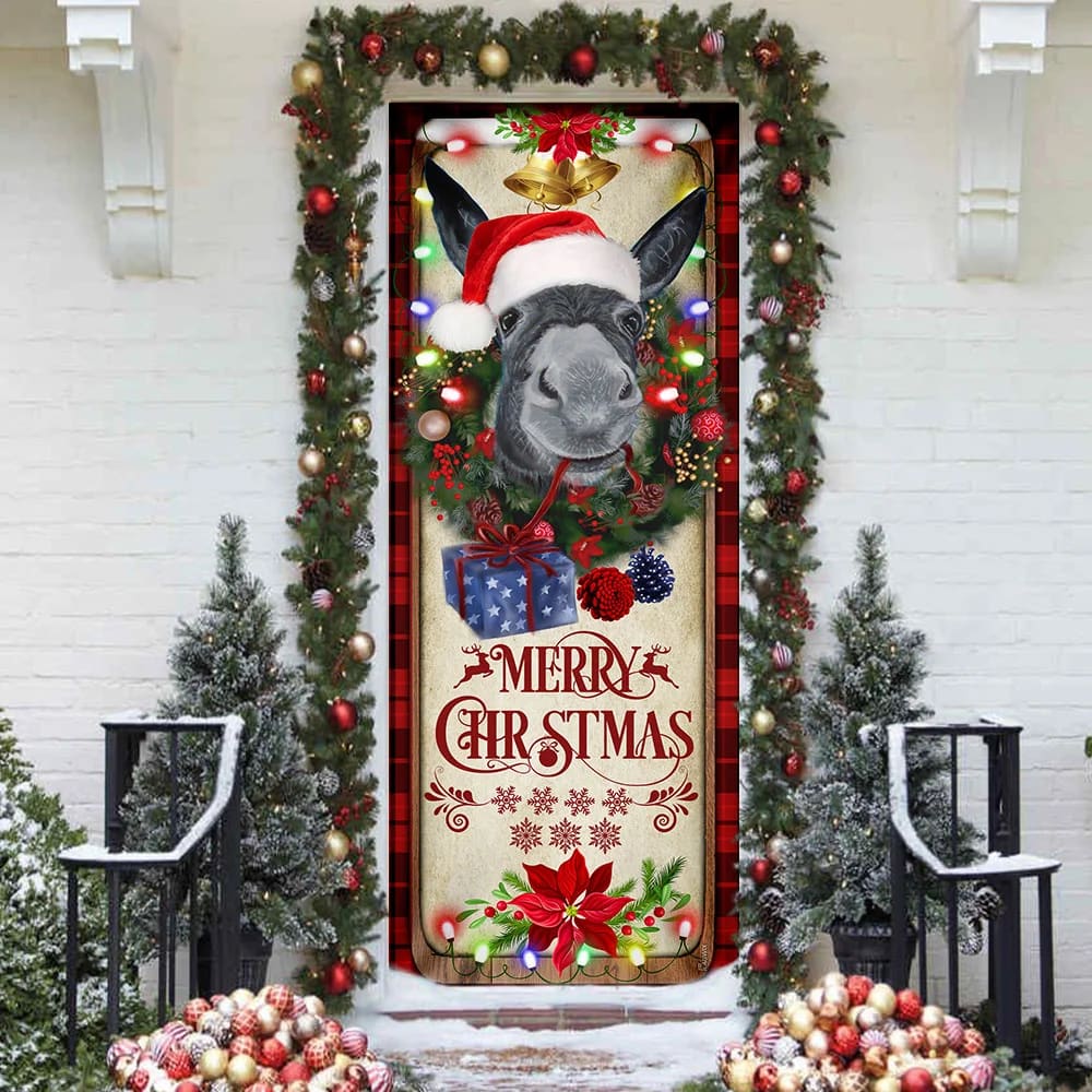 Farm Cattle Donkey Merry Christmas Door Cover - Gift For Famer - Christmas Outdoor Decoration