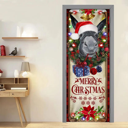 Farm Cattle Donkey Merry Christmas Door Cover - Gift For Famer - Christmas Outdoor Decoration