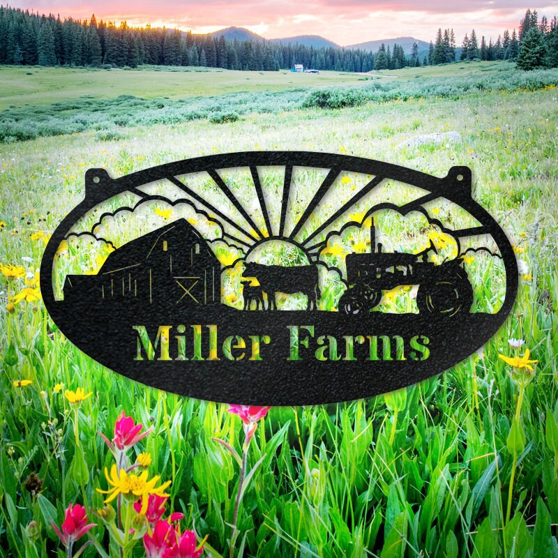 Farm Cows Oval Monogram Sunrise - Custom Farm Life Sign - Personalized Metal Farm Signs - Farmer Gifts