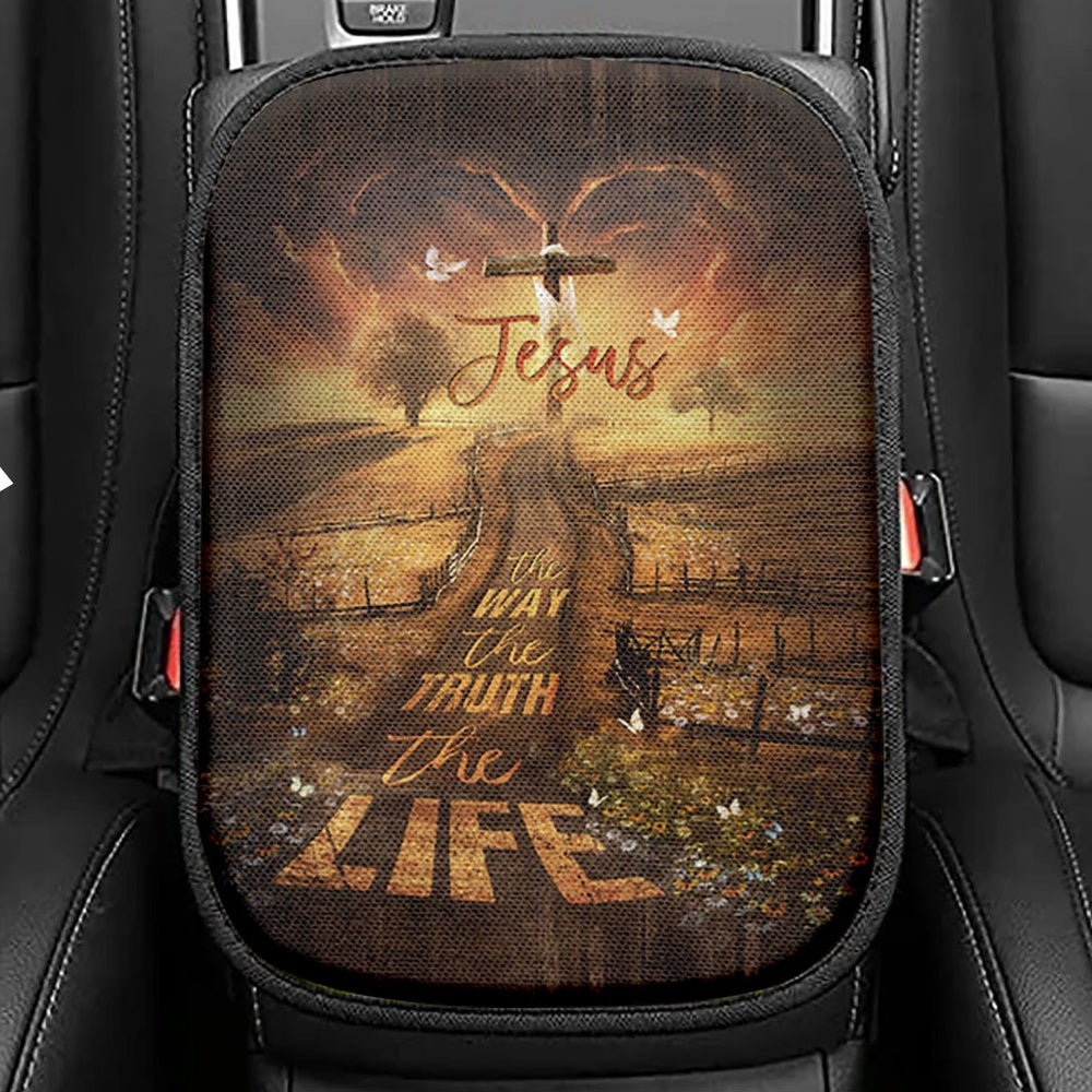 Farm Pretty Sunset Daisy Field The Way The Truth The Life Seat Box Cover, Christian Car Center Console Cover, Religious Car Interior Accessories