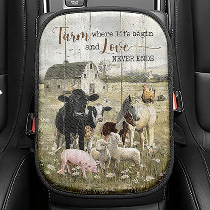 Farm Where Life Begin And Love Never Ends Cow Animal Of God Seat Box Cover, Christian Car Center Console Cover, Religious Car Interior Accessories
