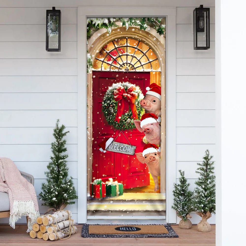 Farmhouse Pig Christmas Door Cover - Gift For Famer - Christmas Outdoor Decoration