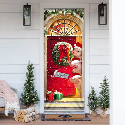 Farmhouse Pig Christmas Door Cover - Gift For Famer - Christmas Outdoor Decoration
