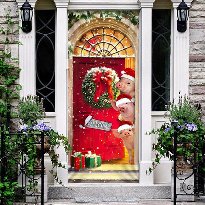 Farmhouse Pig Christmas Door Cover - Gift For Famer - Christmas Outdoor Decoration