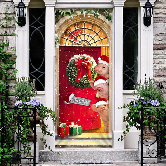 Farmhouse Pig Christmas Door Cover - Gift For Famer - Christmas Outdoor Decoration