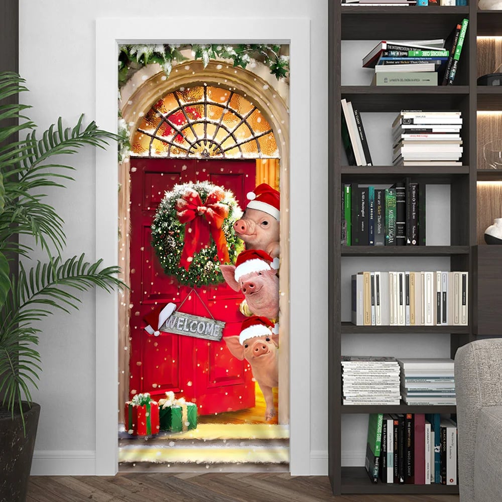 Farmhouse Pig Christmas Door Cover - Gift For Famer - Christmas Outdoor Decoration