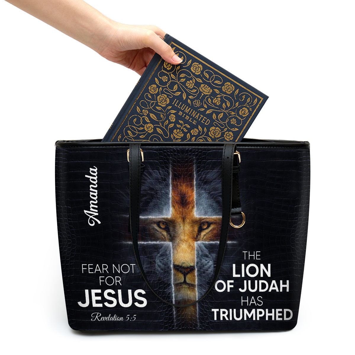Fear Not For Jesus Personalized Lion Large Leather Tote Bag - Christian Gifts For Women