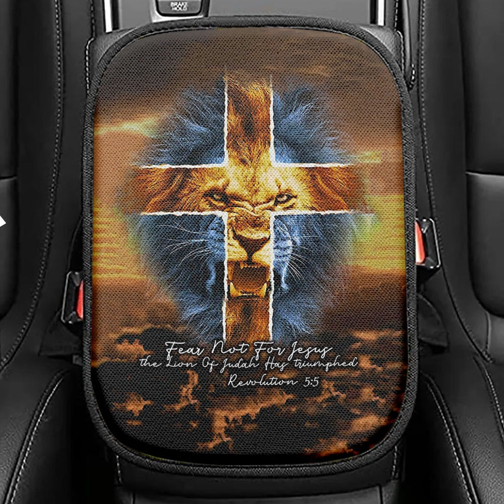 Fear Not For Lion Of Judah Jesus Seat Box Cover, Revelation 5 5 Car Center Console Cover, Jesus Car Interior Accessories