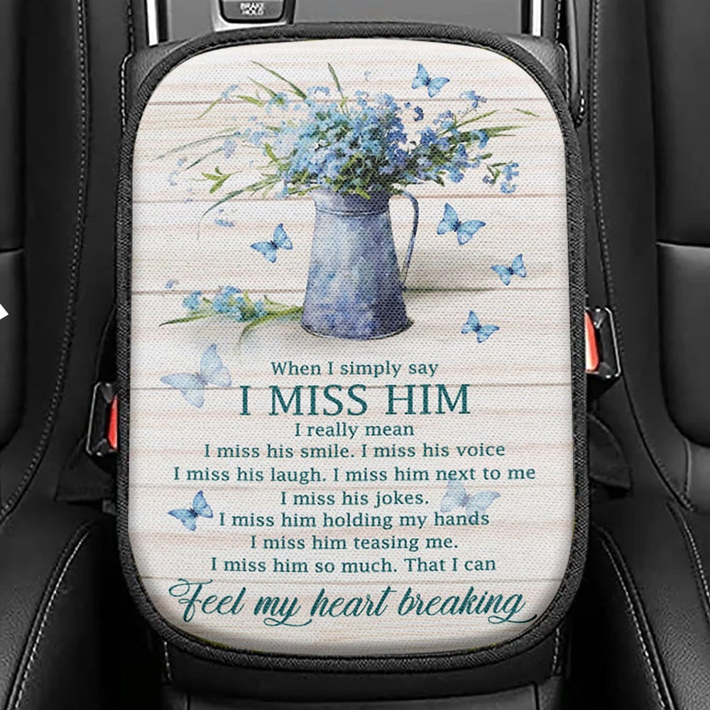Feel My Heart Breaking Blue Butterflies Blue Flowers Seat Box Cover, Christian Car Center Console Cover, Religious Car Interior Accessories