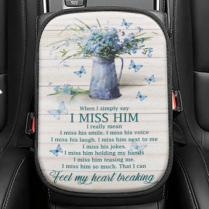 Feel My Heart Breaking Blue Butterflies Blue Flowers Seat Box Cover, Christian Car Center Console Cover, Religious Car Interior Accessories