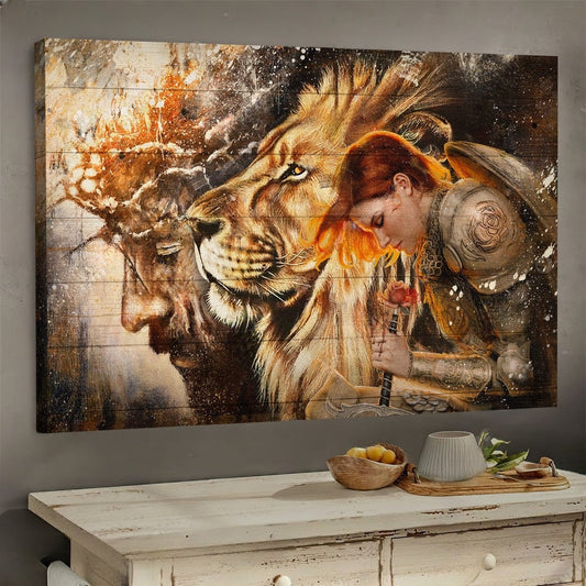 Female Knight Praying To Jesus Lion Of Judah Canvas Wall Art - Jesus Canvas Pictures - Christian Wall Posters