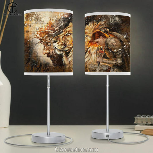 Female Knight Praying To Jesus Lion Of Judah Table Lamp For Bedroom - Bible Verse Table Lamp - Religious Room Decor
