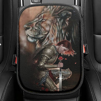 Female Warrior Kneel And Lion Of Judah Seat Box Cover, Christian Car Center Console Cover, Religious Car Interior Accessories