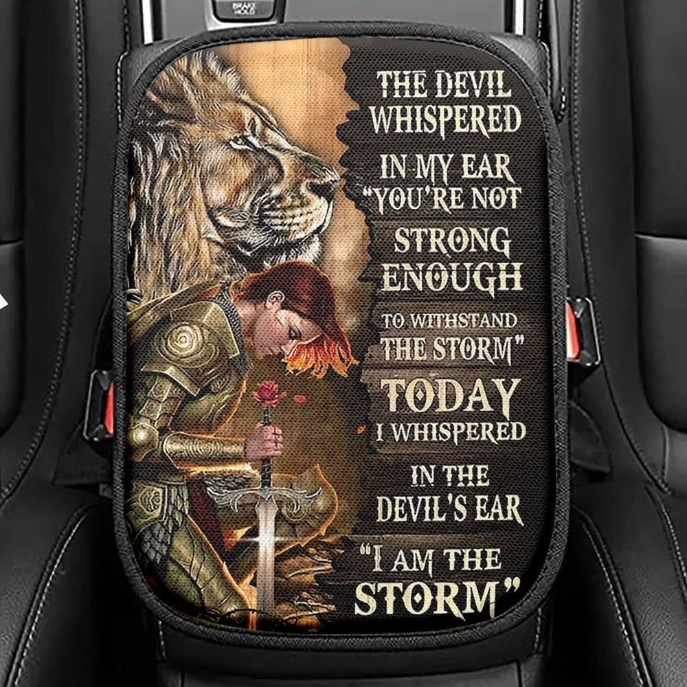 Female Warrior Lion I Am The Storm Seat Box Cover, Lion Car Center Console Cover, Christian Inspirational Car Interior Accessories