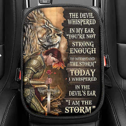 Female Warrior Lion I Am The Storm Seat Box Cover, Lion Car Center Console Cover, Christian Inspirational Car Interior Accessories