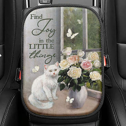Find Joy In The Little Things White Cat Rose Butterfly Seat Box Cover, Bible Verse Car Center Console Cover, Christian Car Interior Accessories