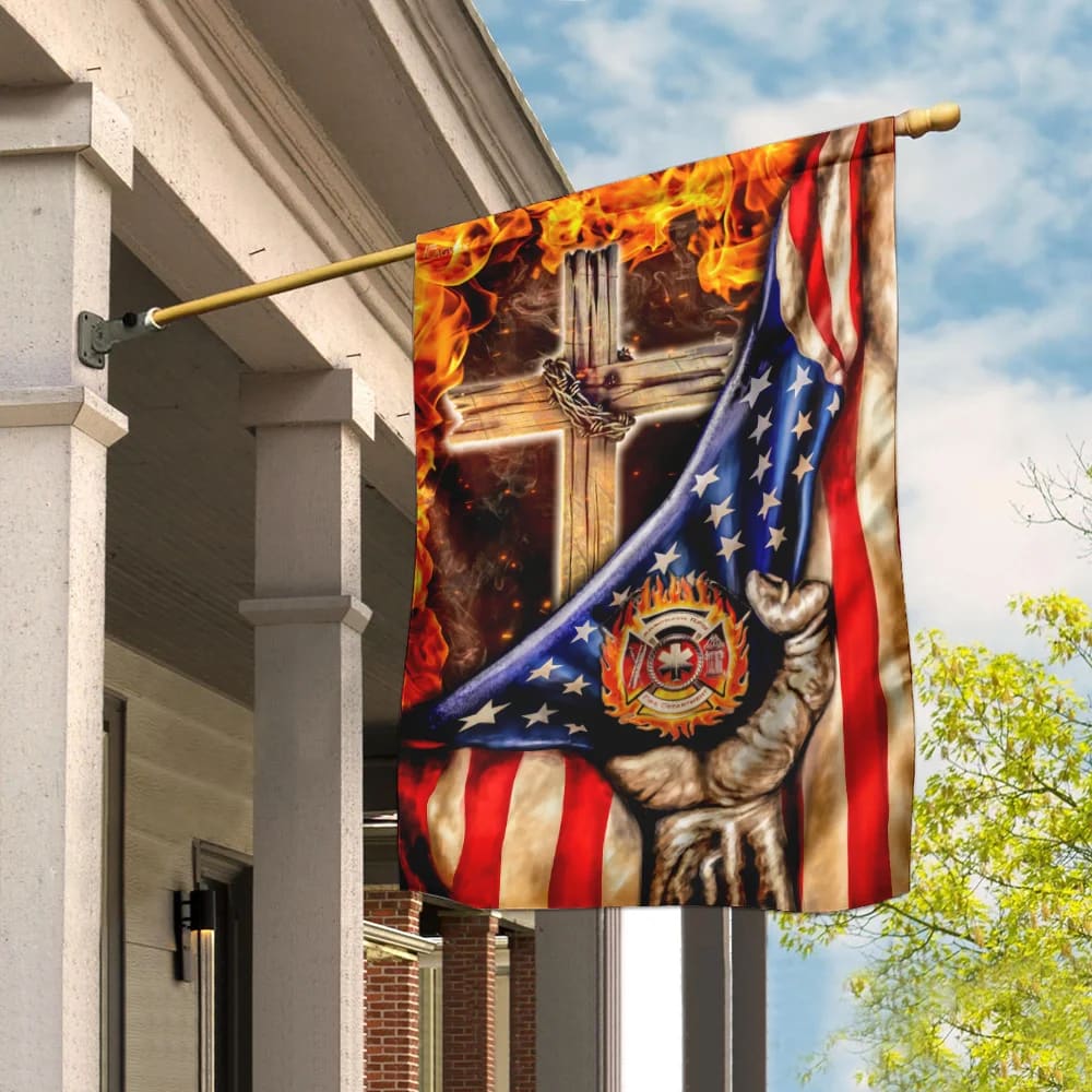 Firefighter Christian Cross House Flags - Christian Garden Flags - Outdoor Christian Flag