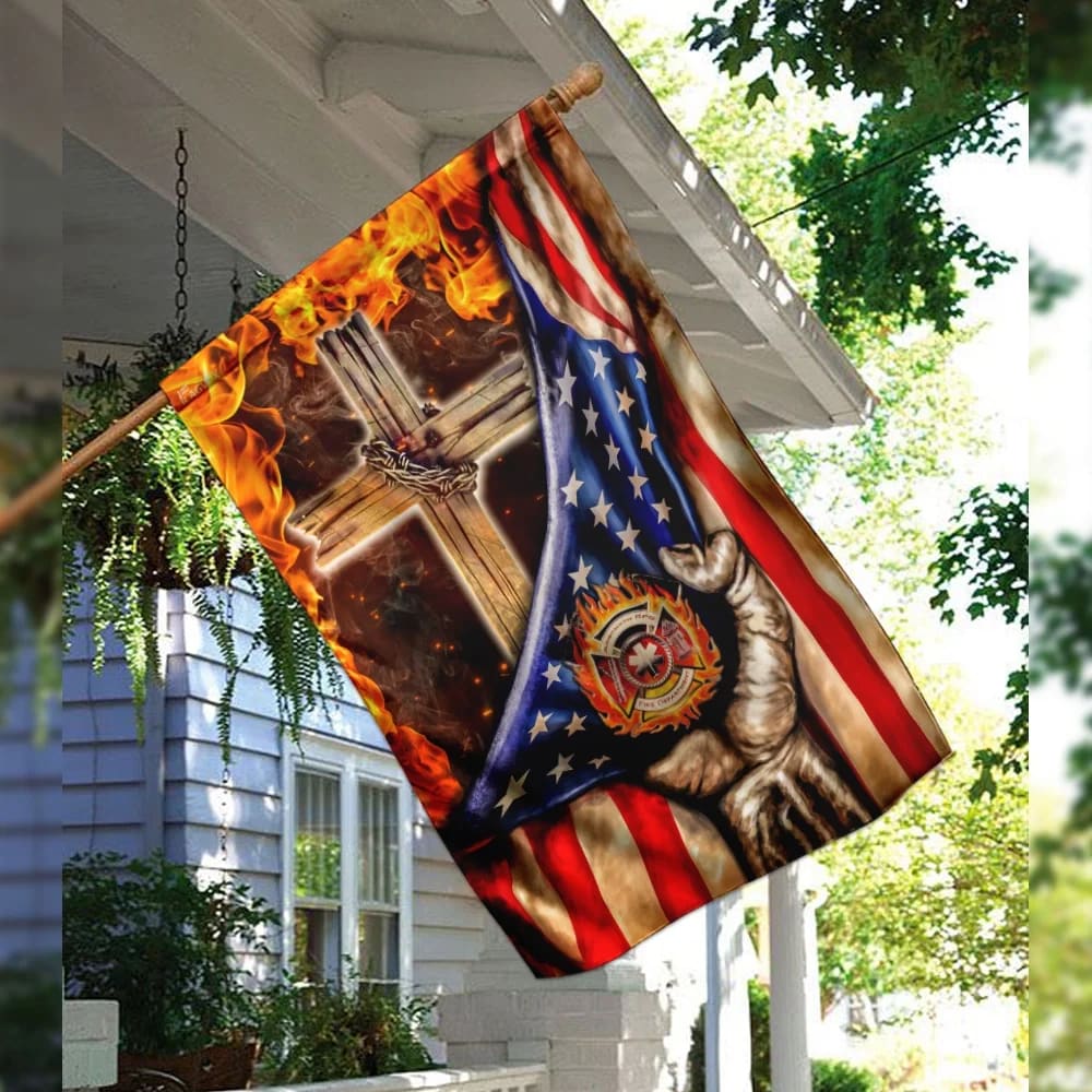 Firefighter Christian Cross House Flags - Christian Garden Flags - Outdoor Christian Flag