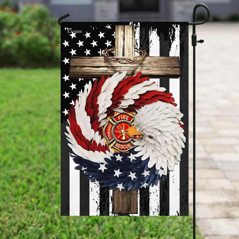 Firefighter Eagle Wreath Christian Cross Flag - Outdoor Christian House Flag - Christian Garden Flags