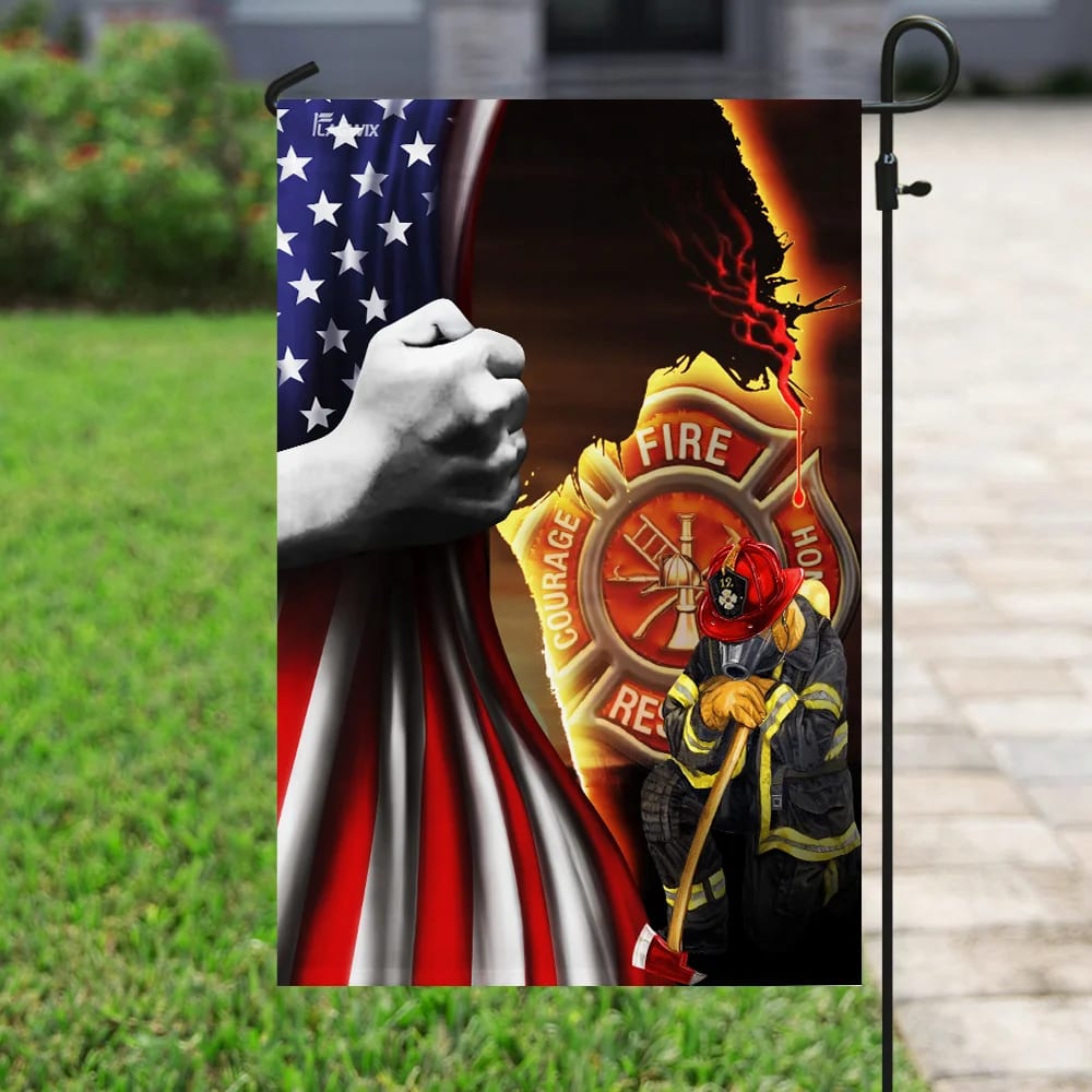 Firefighter Jesus Christian American Flag - Outdoor Christian House Flag - Christian Garden Flags