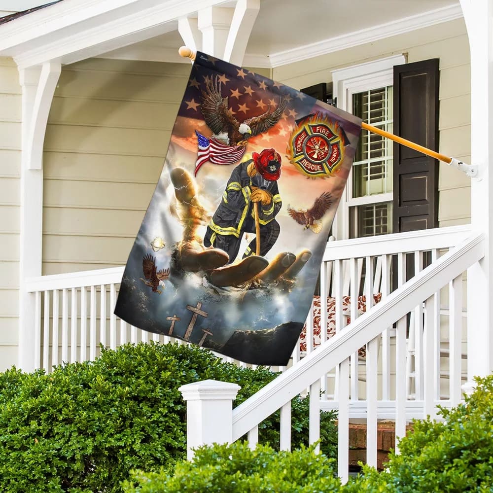 Firefighter Jesus Eagle House Flags - Christian Garden Flags - Outdoor Christian Flag