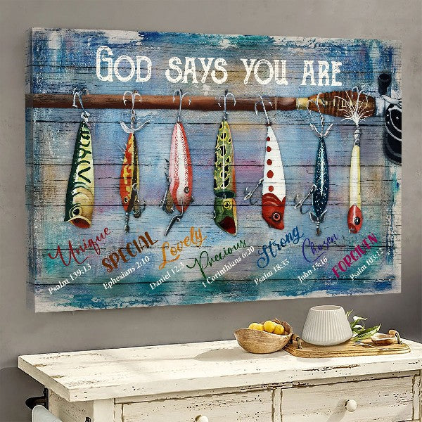 Fish Hook Fishing Rod God Says You Are Canvas Wall Art - Christian Poster - Religious Wall Decor