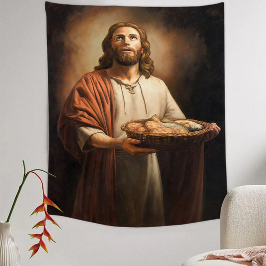 Five Loaves And Two Fishes Tapestry - Jesus Picture - Religious Tapestry - Christian Tapestry Wall Hangings