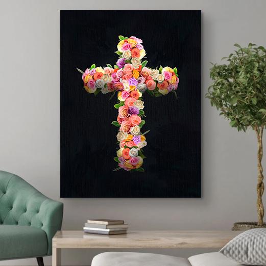 Floral Cross Canvas - Religious Canvas Art - Christian Canvas Wall Art - Ciaocustom