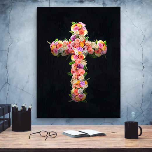 Floral Cross Canvas - Religious Canvas Art - Christian Canvas Wall Art - Ciaocustom
