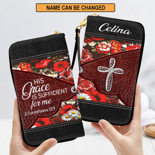 Floral His Grace Is Sufficient For Me 2 Corinthians 129 Christ Gifts With Bible Verse For Women Clutch Purse For Women - Personalized Name