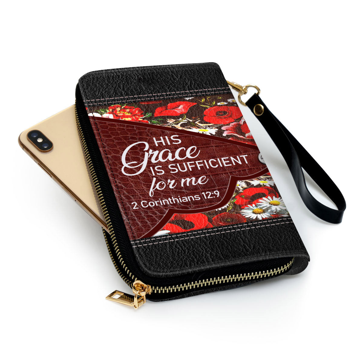 Floral His Grace Is Sufficient For Me 2 Corinthians 129 Christ Gifts With Bible Verse For Women Clutch Purse For Women - Personalized Name