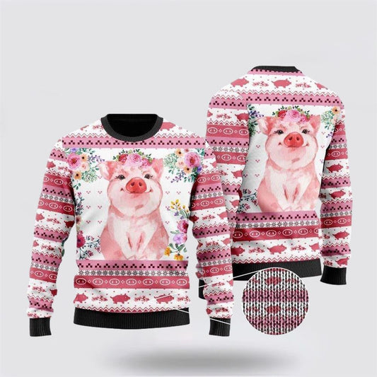 Floral Pink Piggy Ugly Christmas Sweater, Farm Sweater, Christmas Gift, Best Winter Outfit Christmas