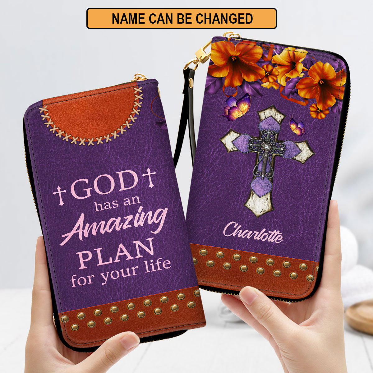 Flower And Cross God Has An Amazing Plan For Your Life Clutch Purse For Women - Personalized Name - Christian Gifts For Women