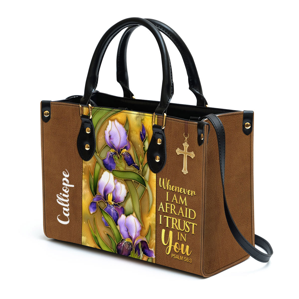 Flower And Cross Whenever I Am Afraid I Trust In You Psalm 563 Personalized Leather Handbag