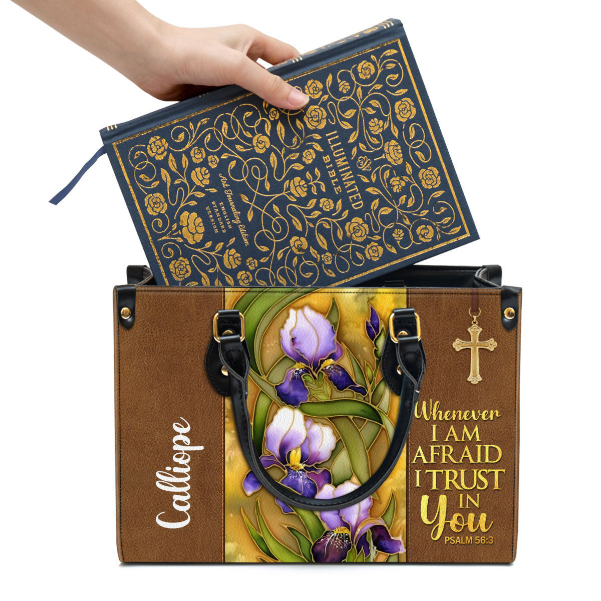 Flower And Cross Whenever I Am Afraid I Trust In You Psalm 563 Personalized Leather Handbag