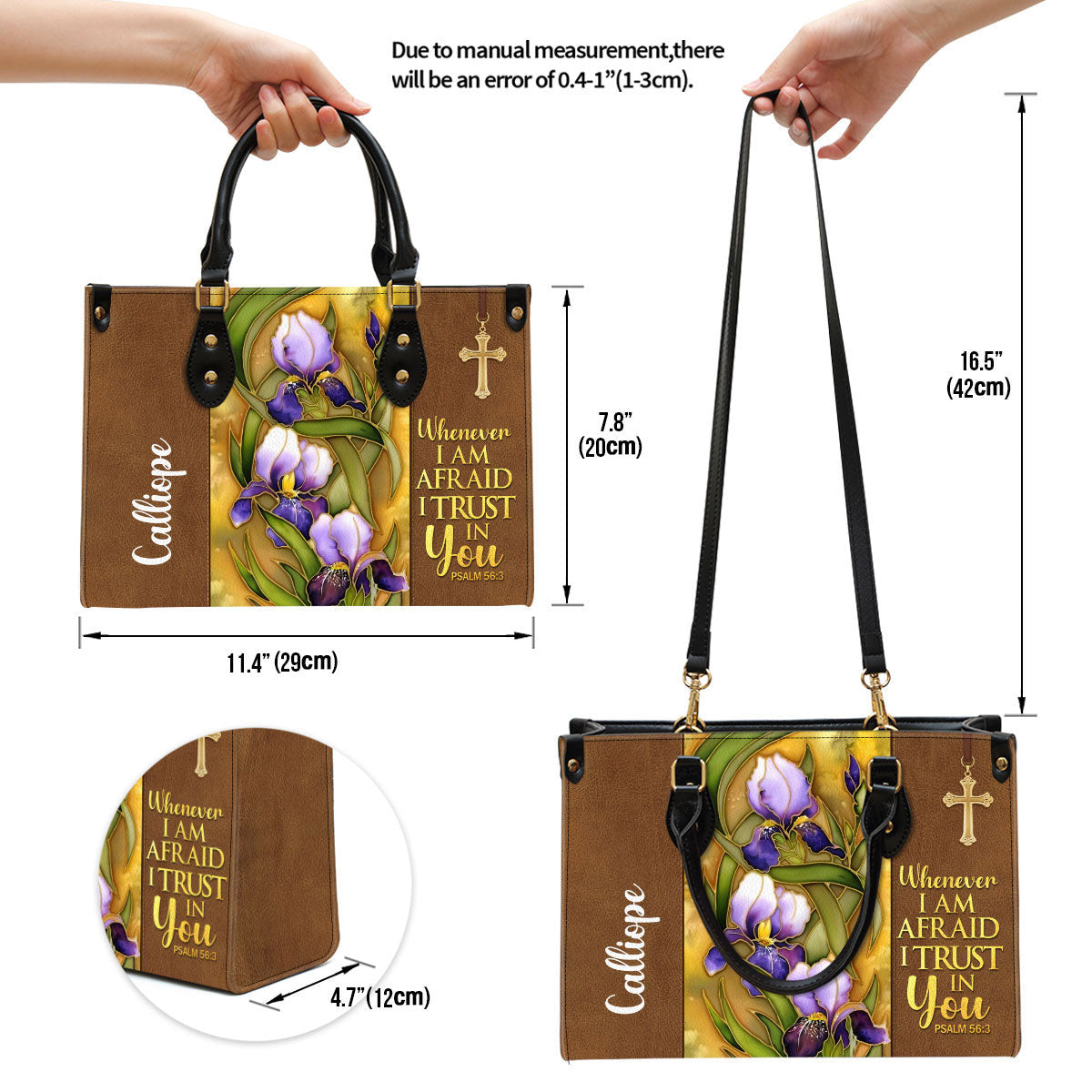 Flower And Cross Whenever I Am Afraid I Trust In You Psalm 563 Personalized Leather Handbag