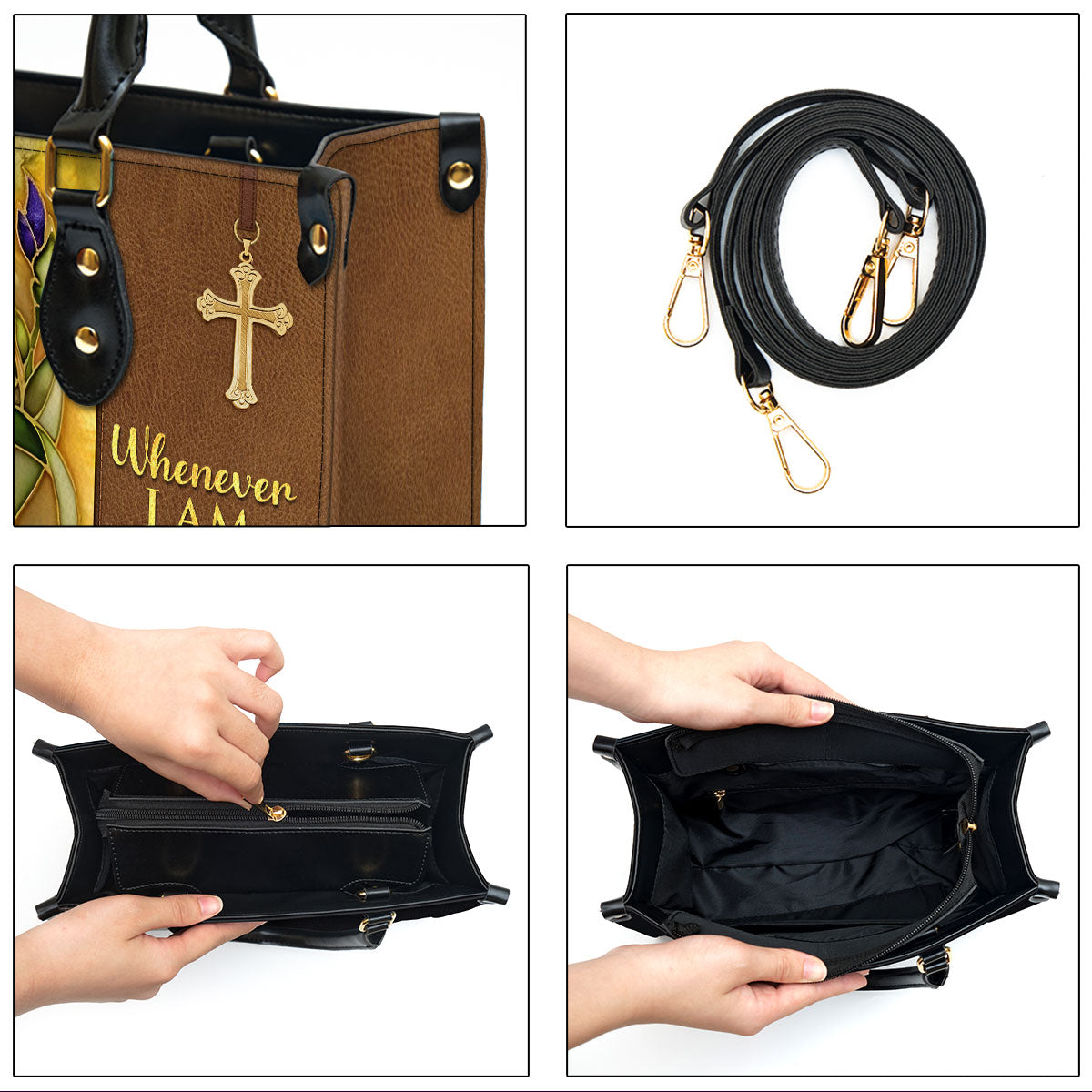 Flower And Cross Whenever I Am Afraid I Trust In You Psalm 563 Personalized Leather Handbag