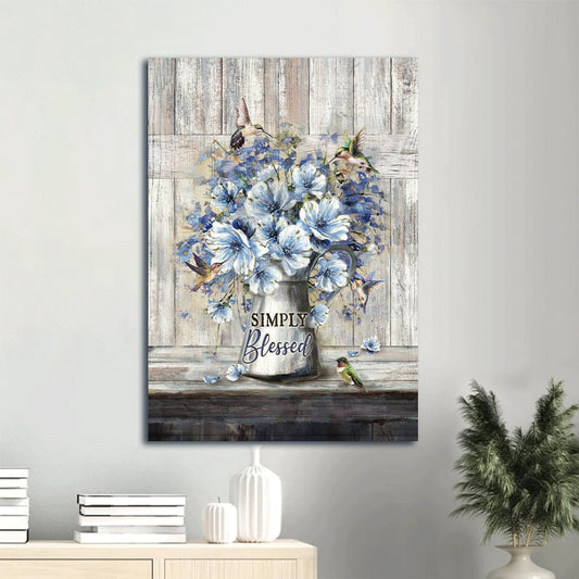 Flower Blue Daisy Flower Flying Hummingbirds Simply Blessed Canvas Wall Art - Christian Gift