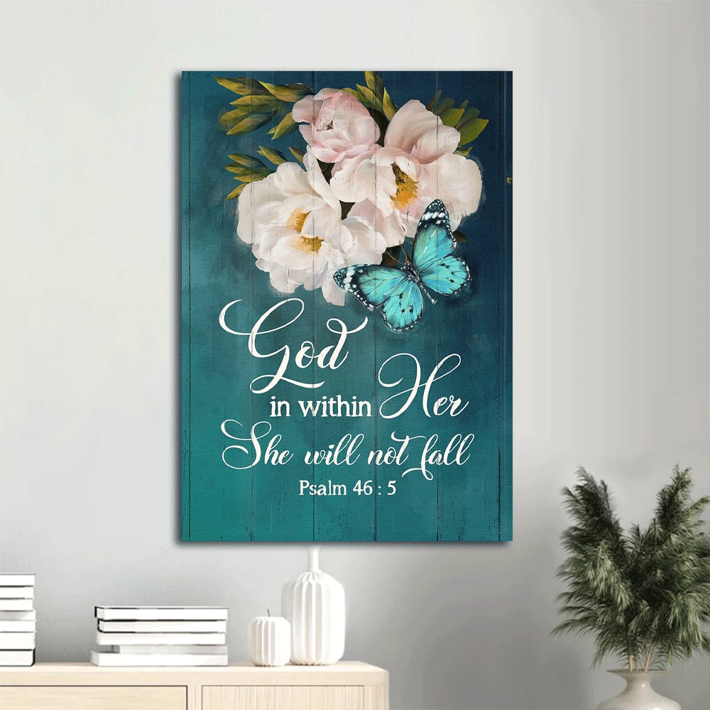 Flower Butterfly God In Within Her She Will Not Fall Canvas Wall Art - Christian Gift