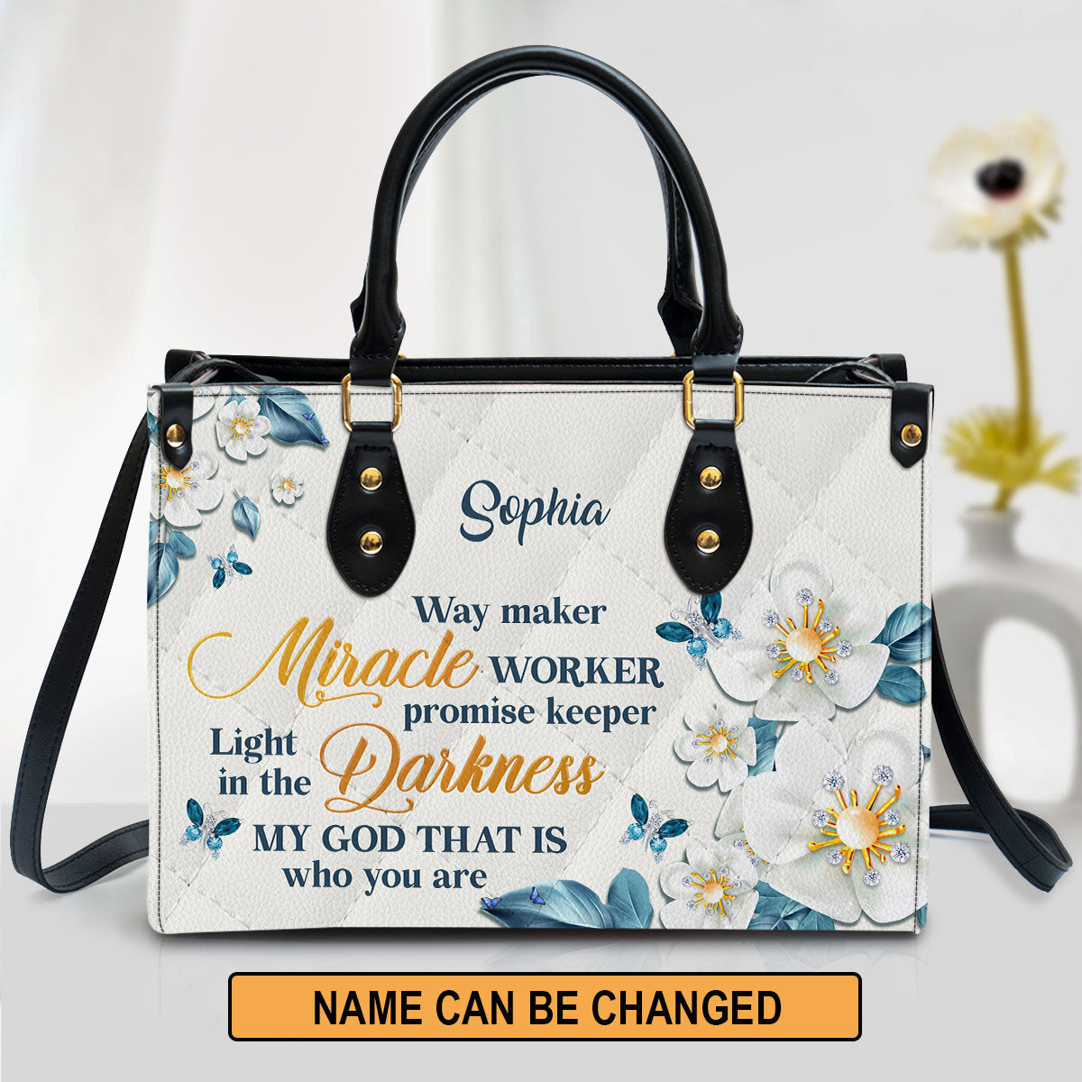 Flower & Butterfly Way Maker And Miracle Worker Leather Bag - Personalized Leather Bag With Handle for Christian Women