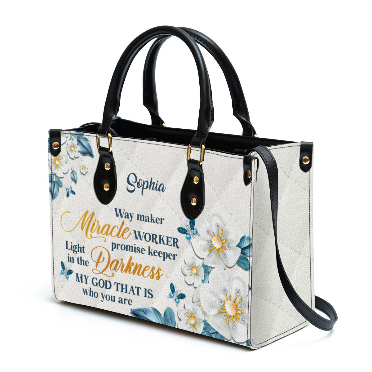 Flower & Butterfly Way Maker And Miracle Worker Leather Bag - Personalized Leather Bag With Handle for Christian Women